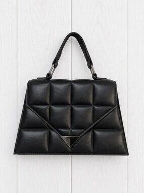 Women’s Black Quilted Top Handle Bag, Magnetic Closure, Inner Zip Pocket